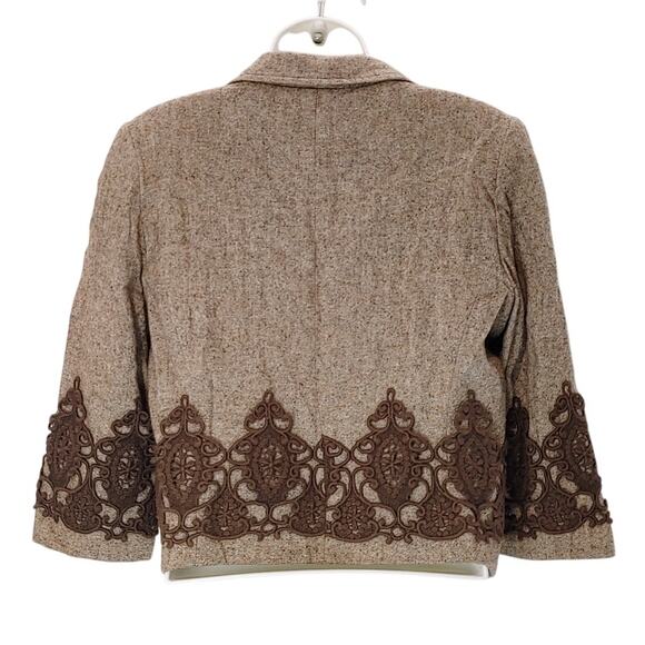 Karen Kane Lifestyle Wool Silk Crop Blazer Embroidered Lace Trim Brown Womens 6 - Picture 2 of 7
